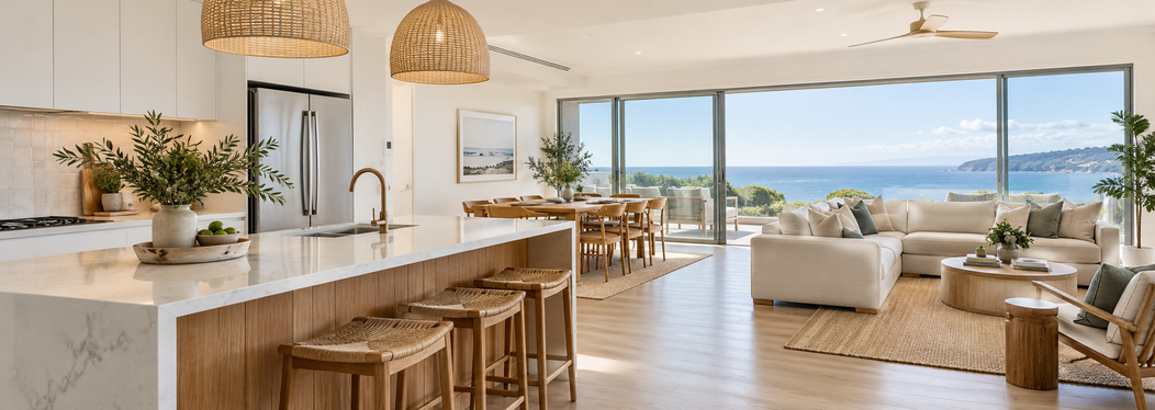 Light-filled coastal kitchen and living space from Josh’s selling guide